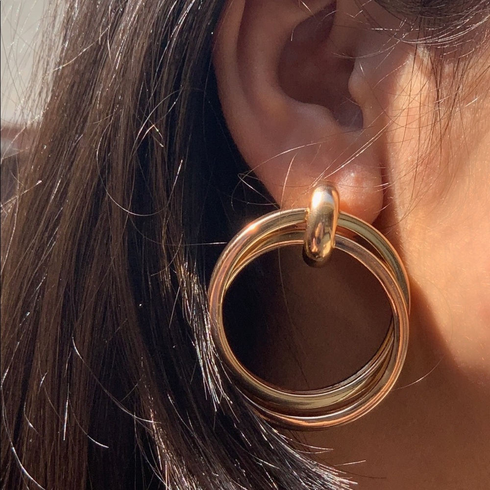 Gold Double Circle Drop Earrings - Picture 3 of 7